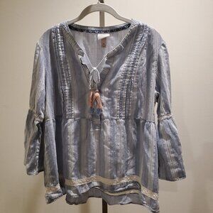 Knox Rose Blue Long Bell Sleeve Blouse with Side Seam Pockets Size XL